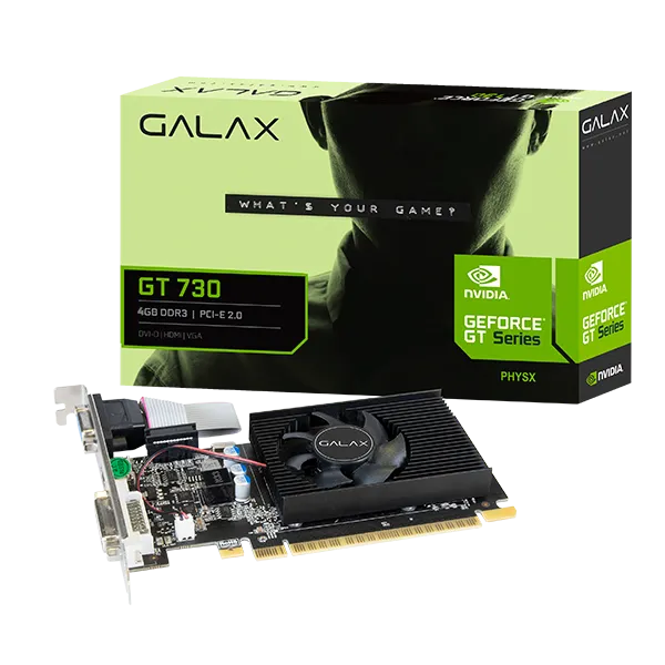 GALAX GeForce GT 730 Graphics Card, 4GB DDR3 128-bit Memory, 700 MHz Base Clock, 667MHz Memory Clock, 384 CUDA Cores, PCI-E 2.0 x8, DVI-I x1,HDMI x1,VGA x1 | 73GQF8HX00HD